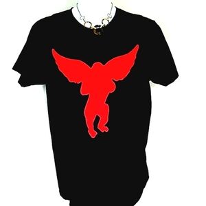 T-shirt short sleeve black graphic red print angel Mens 100% cotton Large L